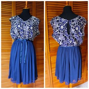 Moon Navy and Cream Dress with Ribbon Belt NWOT